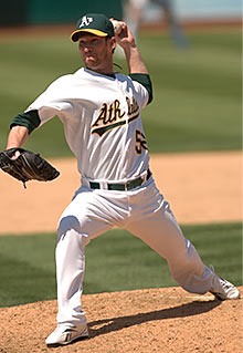 Craig Breslow pitching for the A&rsquo;s