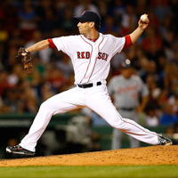 Craig Breslow pitching for the Red Sox
